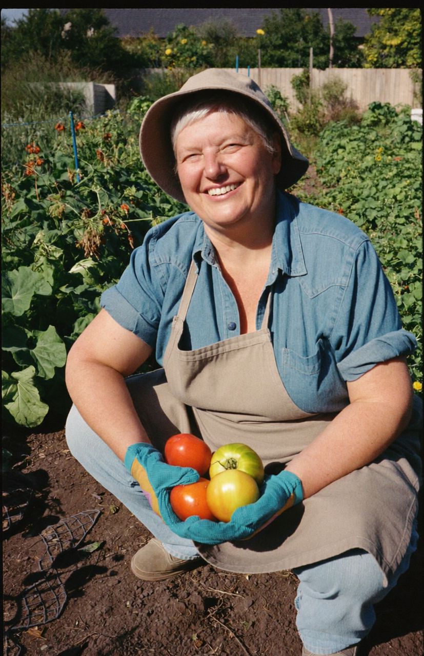 A smiling woman holding fresh tomatoes from her garden